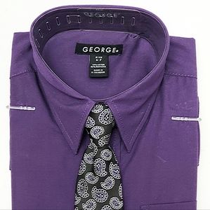 NEW George Dress Shirt and Clip-On Tie Set, Boy Small 6-7, Purple, Paisley Tie